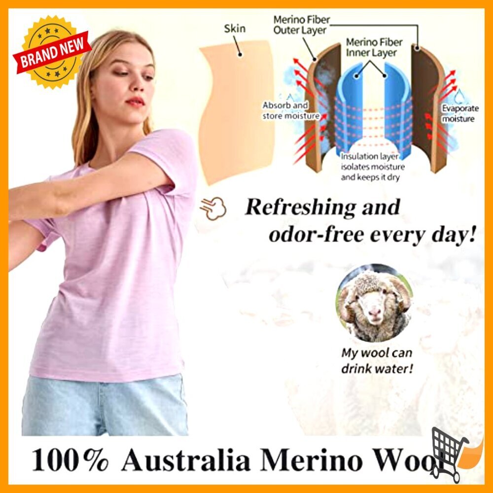 Merino Wool T-Shirt Crew Neck Short Sleeve Base Layer Odor Resistant Travel - Picture 4 of 7